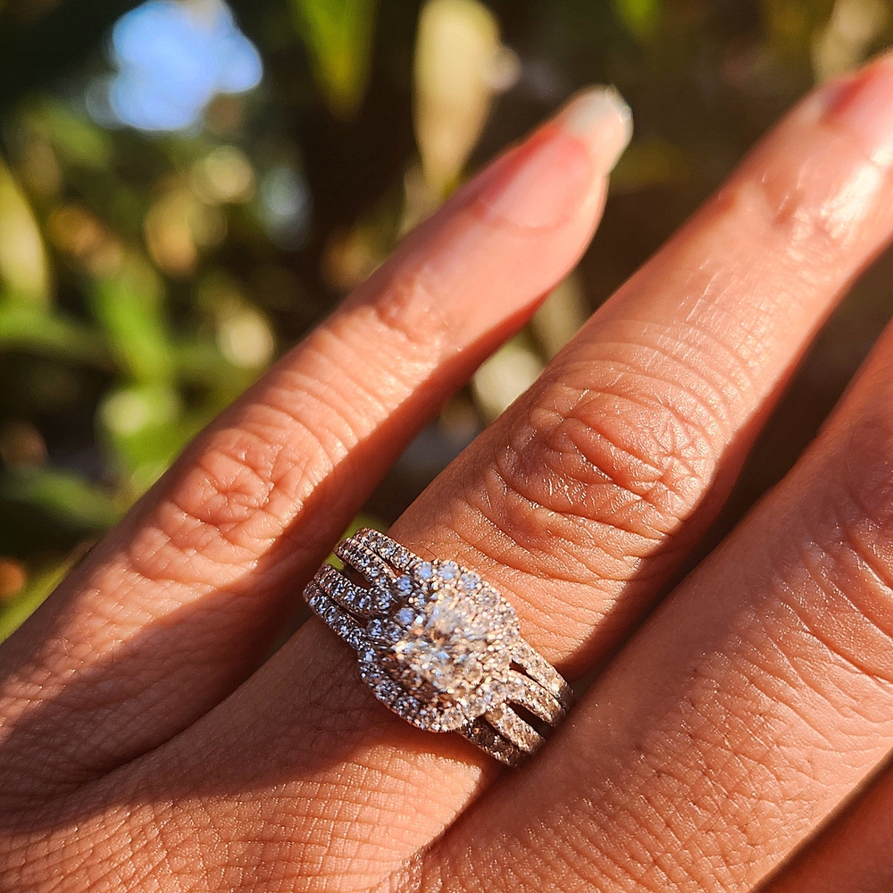 Elegant Silver Women's Halo Stacked White Gold And Platinum Diamond Ring
